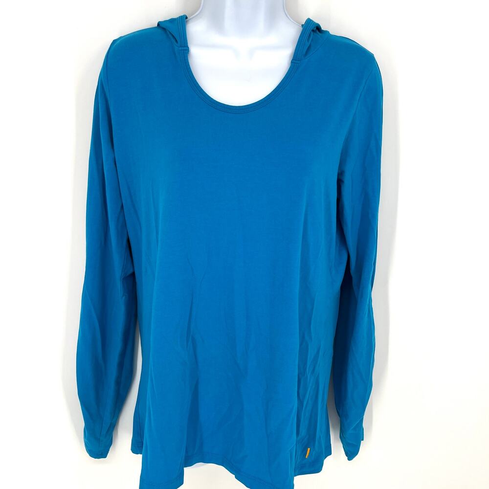 Lucy Womens Blue Hoodie Ruched Sleeves Scoop Neck Activewear Yoga Top Size M
